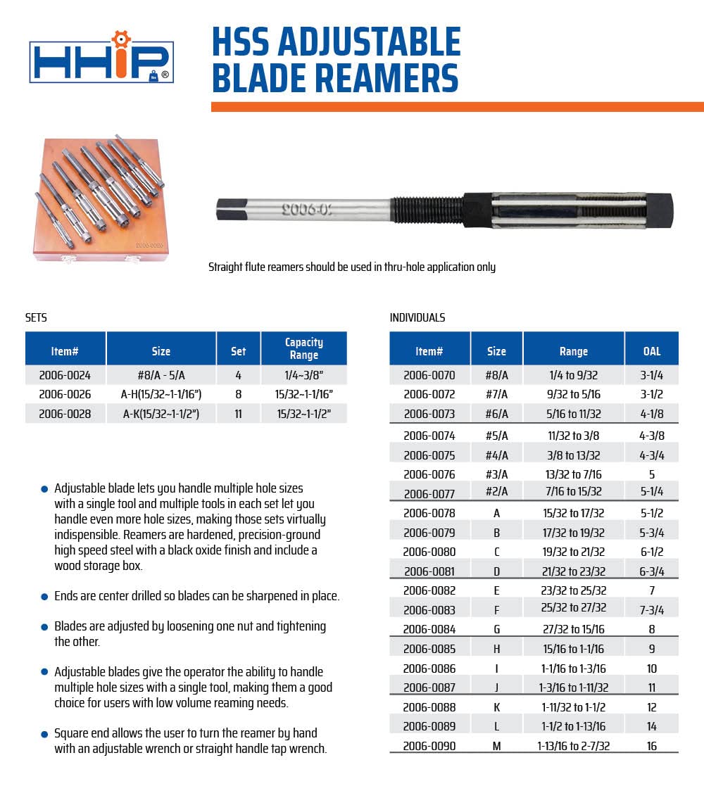 HHIP 2006-0085 15/16-1-1/16" High Speed Steel Adjustable Blade Reamer, 6 Blades, 9" OAL, Size H