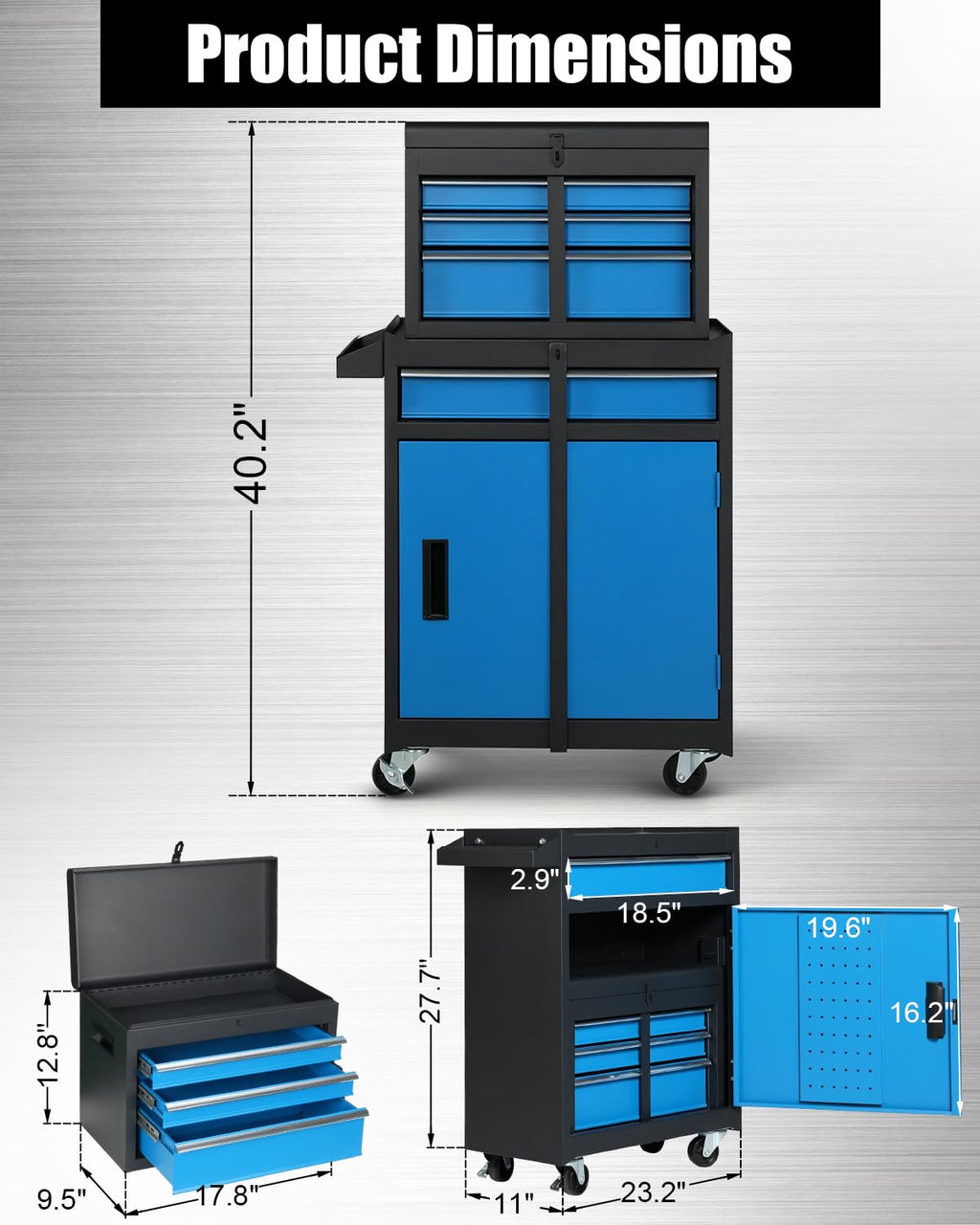 4-Drawer Rolling Tool Chest, 2-in-1 Storage Toolbox, Blue & Black