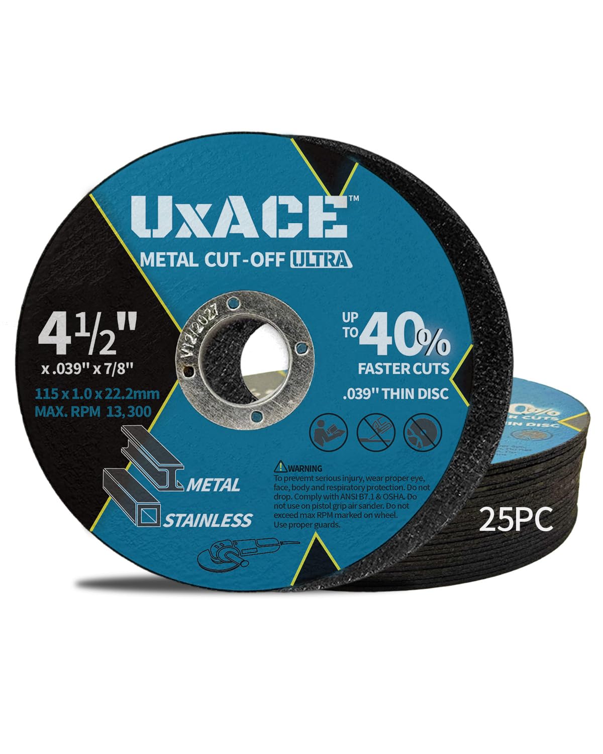UXACE 4-1/2 Inch Cut-Off Wheel for Metal, Stainless Steel, Aluminum Cutting, Professional Super Thin Metal Cutting Disc for Angle Grinder, Die Grinder or Cut-Off Tools, 7/8 inch Arbor, 25 Pack