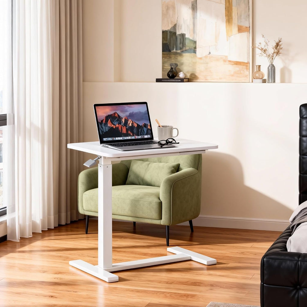 Overbed Table with Pneumatic Height Adjustment, Hidden Casters Rolling Bedside Table, Hospital Bed Table Mobile