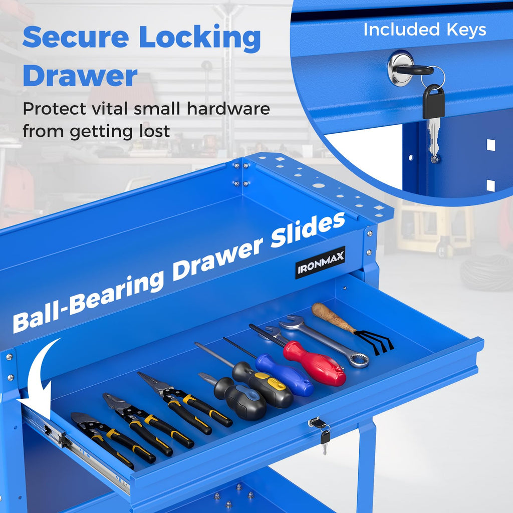 3 Tier Rolling Tool Cart with Lockable Drawer, Heavy Duty Metal Utility Cart on Wheels with Pegboards & Hooks