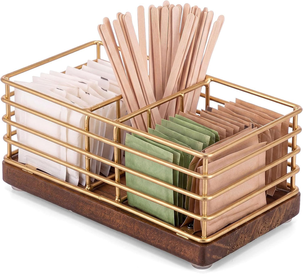 Sugar Packet Holder for Coffee Bar, 3 Slot, Wood Wire, Rustic Gold