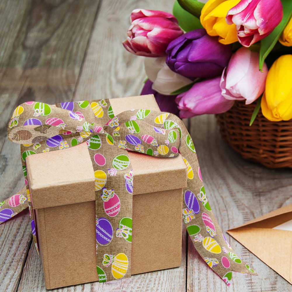 2 Rolls 10 Yards Easter Wired Edge Ribbon, 2.5inch Flaxen Natural Dots Burlap Ribbon Bows for Wreath, Colorful Eggs