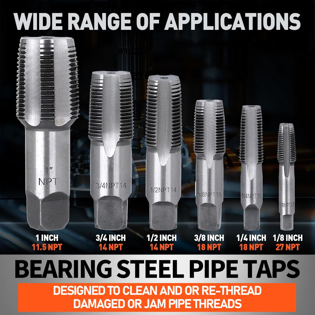 6-Piece NPT Pipe Tap Set, 1", 3/4", 1/2", 3/8", 1/4", 1/8" Taps Threading Tool, Precision Bearing Steel Tap Set Metric and Standard for Clean and Re-Thread Damaged or Jam Pipe Threads in Storage Case
