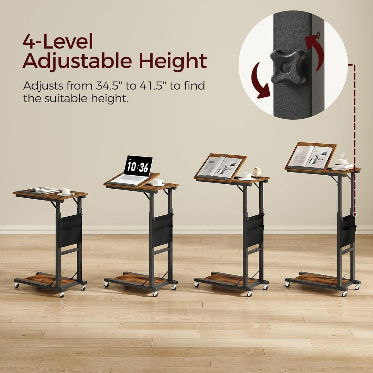 Overbed Table, Mobile Bedside Table for Room, Adjustable Height
