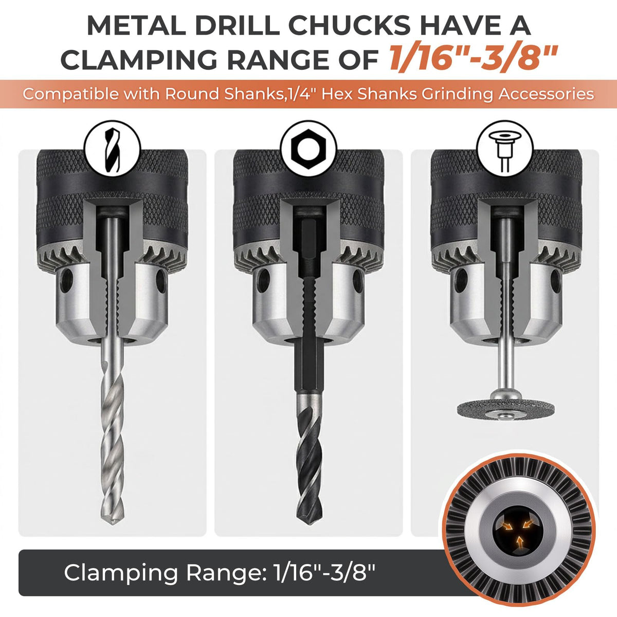 5/8"-11 Thread Angle Grinder Conversion Kit,1/16''-3/8'' Metal Drill Chuck