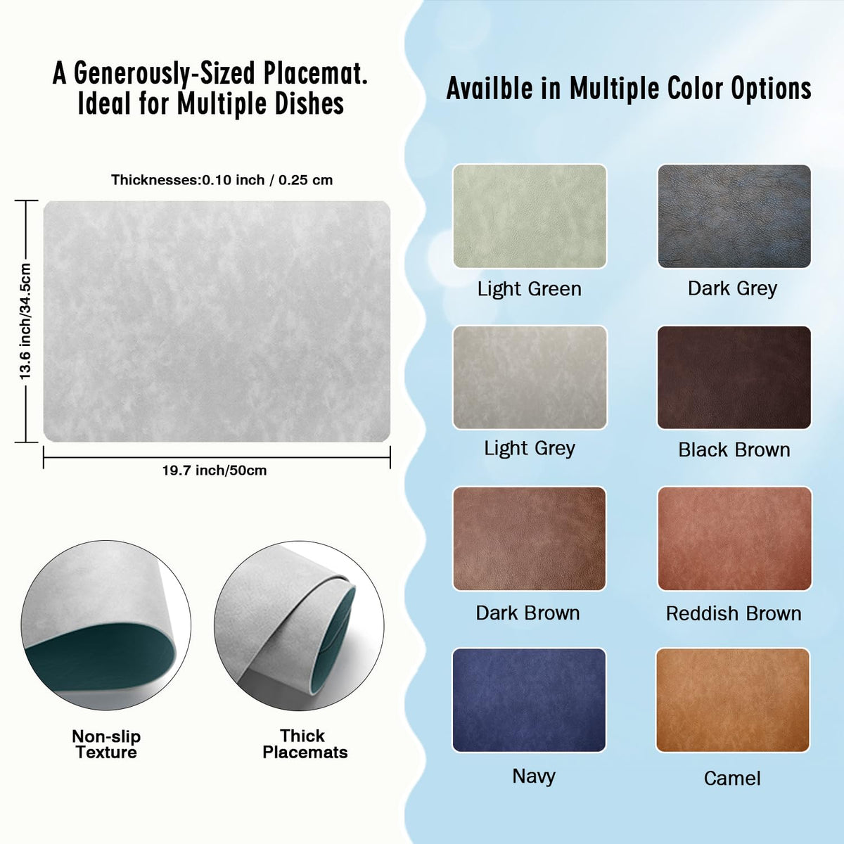 Washed Cowhide Pattern Faux Leather Big Size Placemats Set of 4, Waterproof Easy to Clean Anti-Slip PU Table Mats for