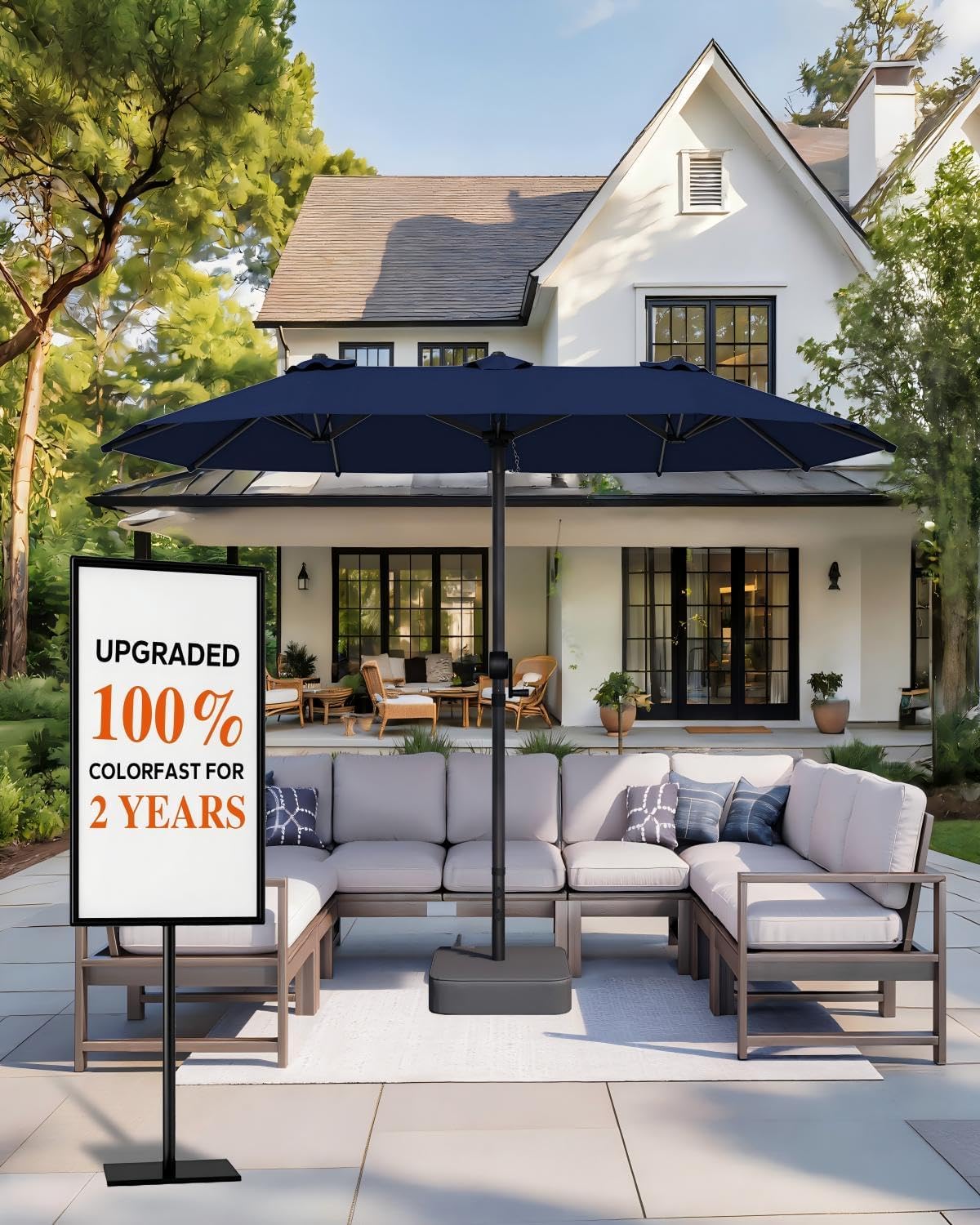 15ft Patio Umbrella with Base Include, Large Outdoor Double-Sided Rectangle Umbrella with Easy Crank Handle for