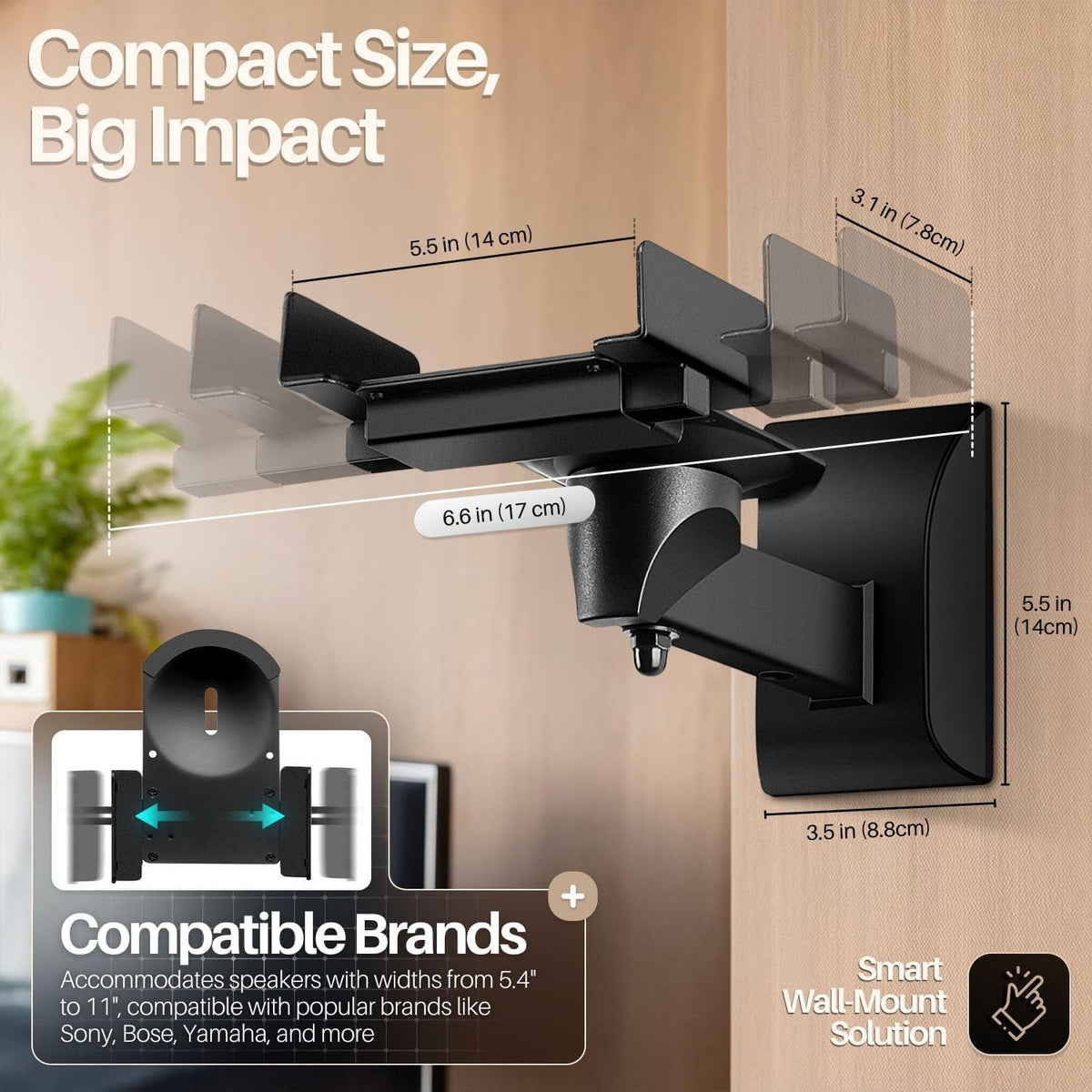 TNP Bookshelf Speaker Wall Mounts, Dual Side Clamps, 55 lb, 2 Pack, Black | Rear Surround Sound Speaker Mounts Fit