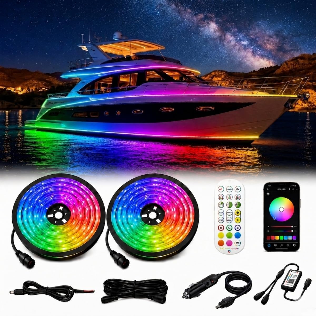 100FT LED Boat Lights, 12V RGB Marine Pontoon Led Strip Lights with APP & Remote, IP67 Waterproof Boat Interior Exterior Light with Extension Cable for Pontoon, Night Fishing, Gunnel, Deck, RV
