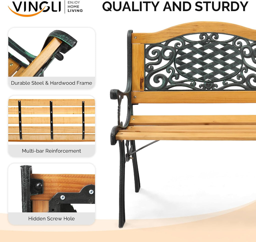 Classic Cast Iron & Teak Arched Back Rectangular Outdoor Bench, 3-Seater, 470 lbs Capacity, Easy Assembly, Weather