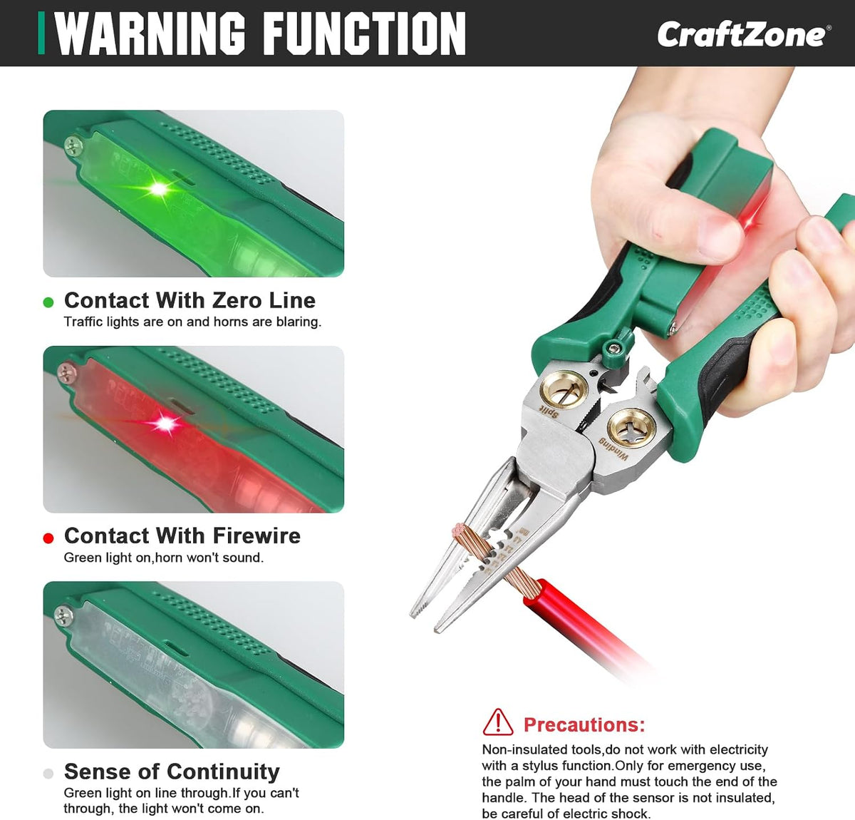 8-in-1 Wire Stripper Pliers with Non Contact Voltage Tester, Green Black | Multi-function electrician hand tool for