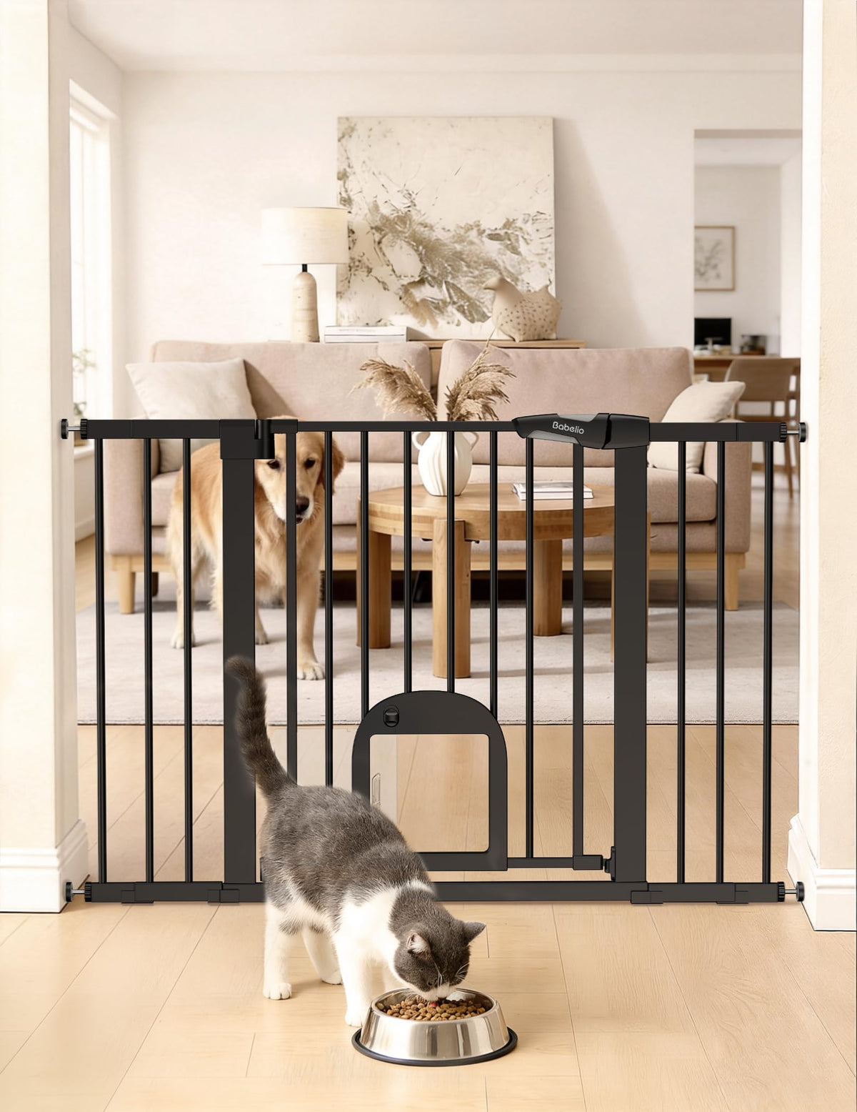 29-48" Extra-Wide Adjustable Hardware/Pressure-Mounted Pet & Child Safety Gate with Small Cat Door & Auto-Close Walk-Through Gate for Stairs, Hallways & Wide Doorways