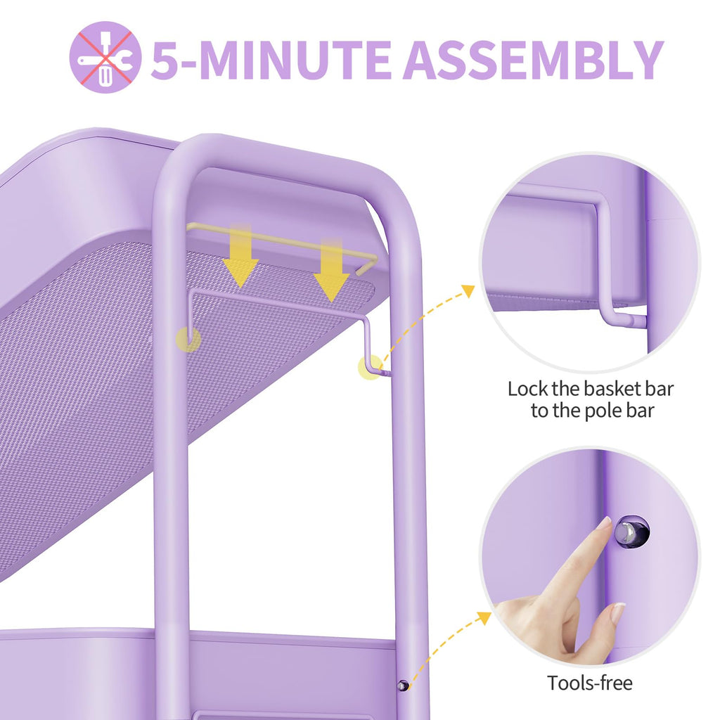 4 Tier Metal Rolling Cart, Utility Storage Cart with Wheels, Purple