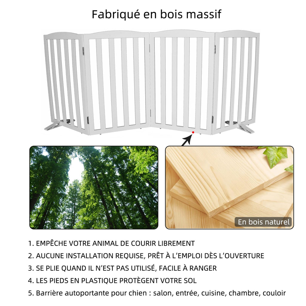 Freestanding Solid Wood Folding Pet & Dog Barrier Gate with Support Feet for Wide Indoor Openings, Hallways & Stairs — White