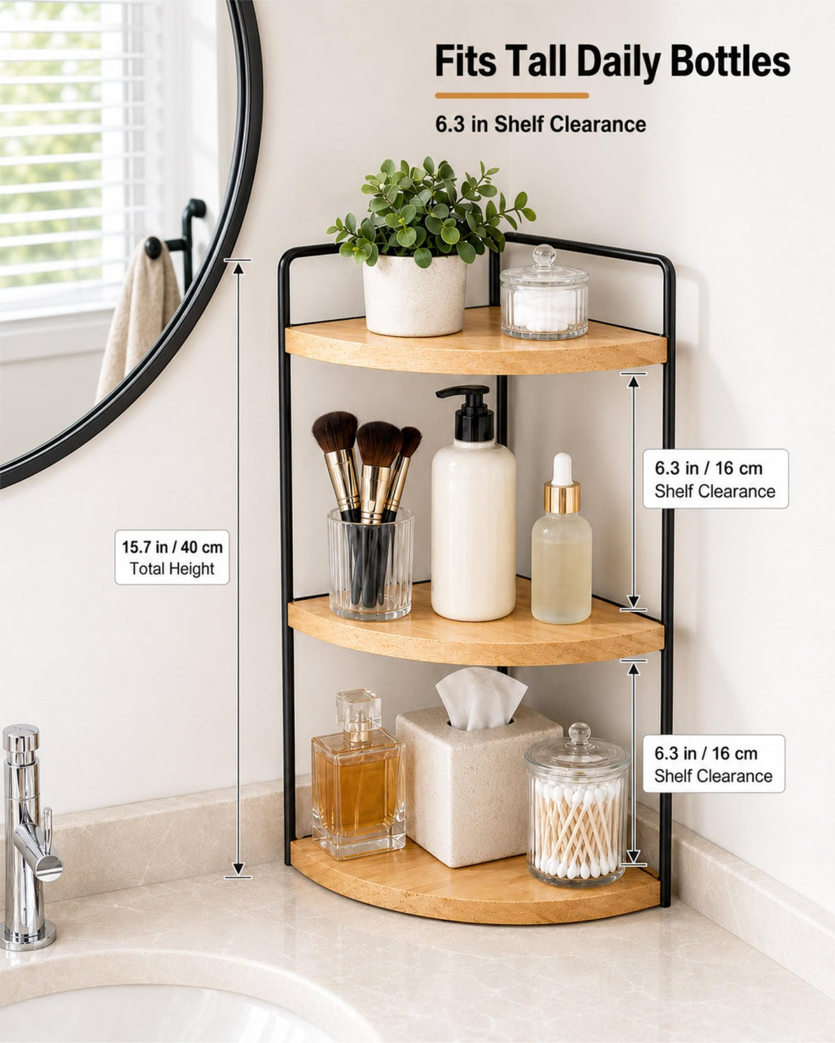 3-Tier Corner Bathroom Countertop Organizer, Solid Pine Wood Vanity Shelf
