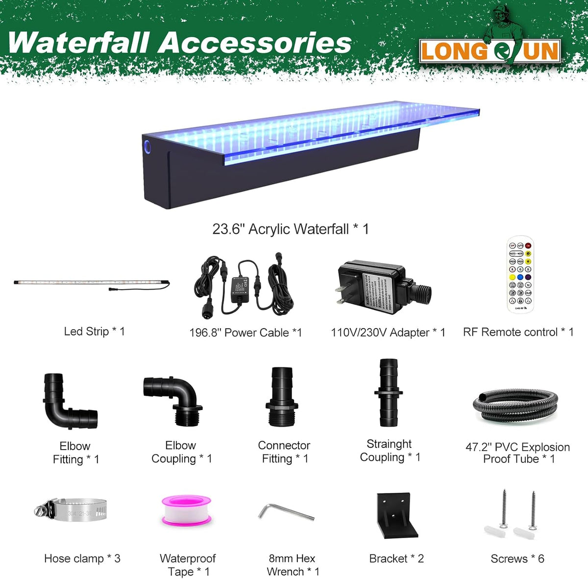 Waterfall Spillway, APP Control Multi-Color LED Light Outdoor Pool Fountain, Acrylic Water Spillway Koi Pond