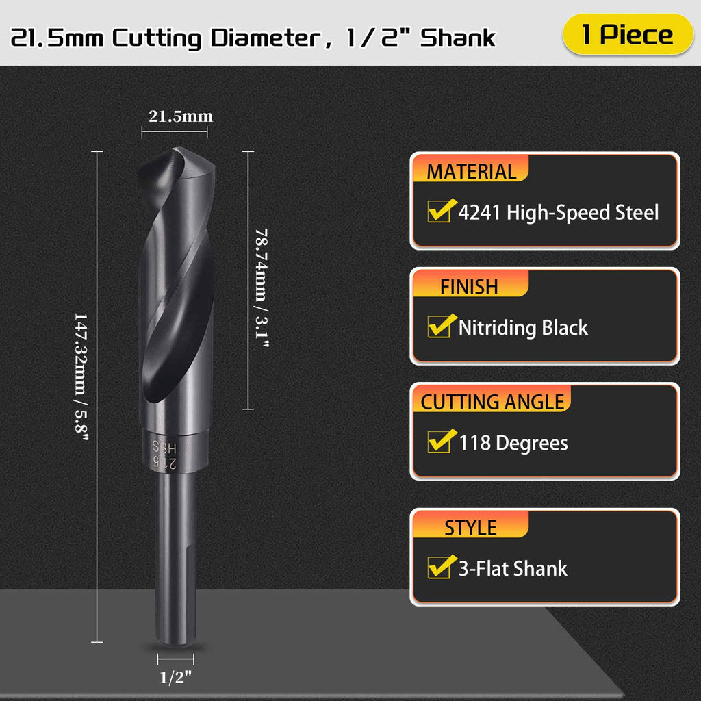 CoCud Drill Bit 21.5mm Diameter 1/2" Shank 3-Flat 4341 HSS