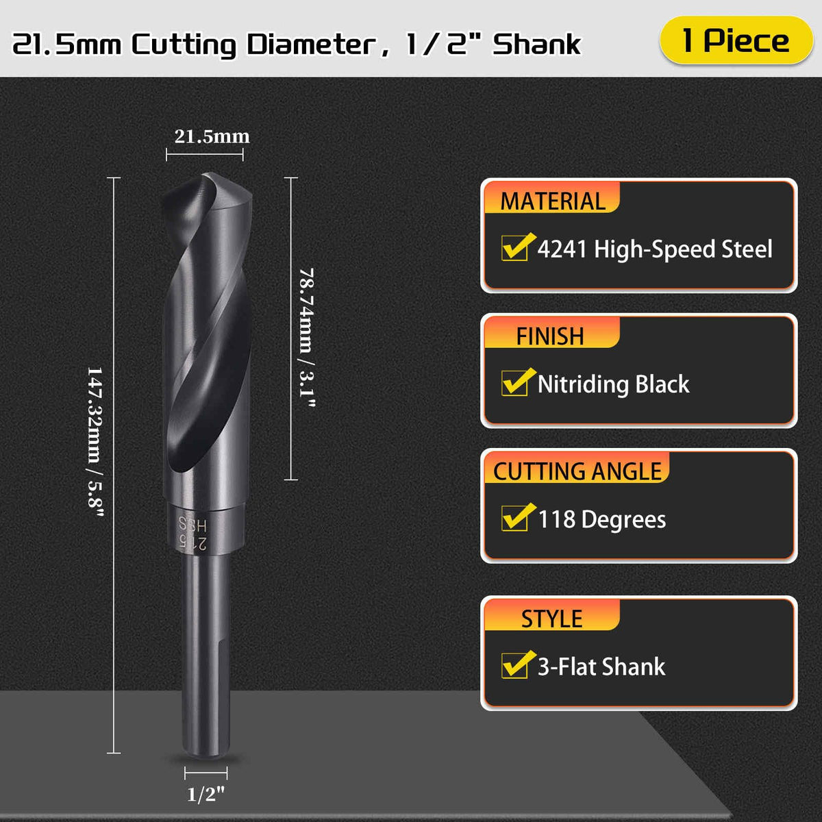 CoCud Drill Bit 21.5mm Diameter 1/2" Shank 3-Flat 4341 HSS