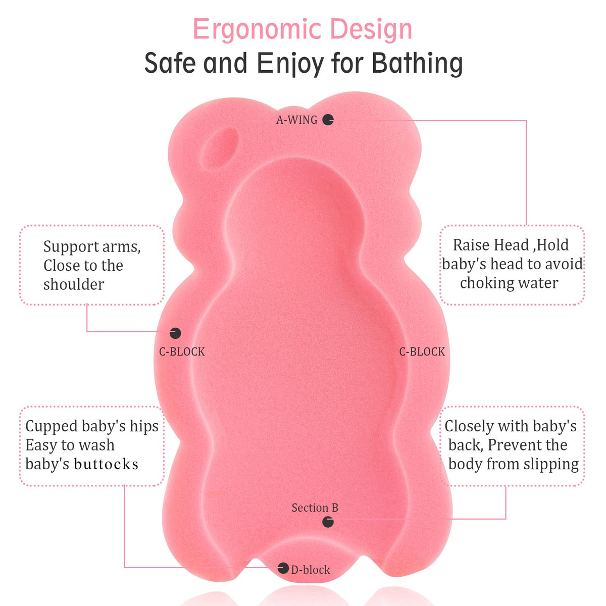Baby Bath Cushion, Newborn Bath Support Sponge for Tub & Sink - Pink