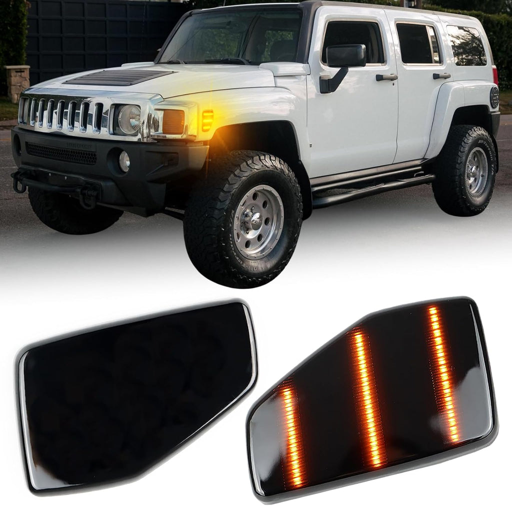 LED Front Headlight Side Marker Light Amber Turn Signal Lamp Kit for Hummer H3 2006-2010 H3T 2009-2010 Replace OEM Trim,Smoked Lens Side Bumper Marker Lamps,2pcs