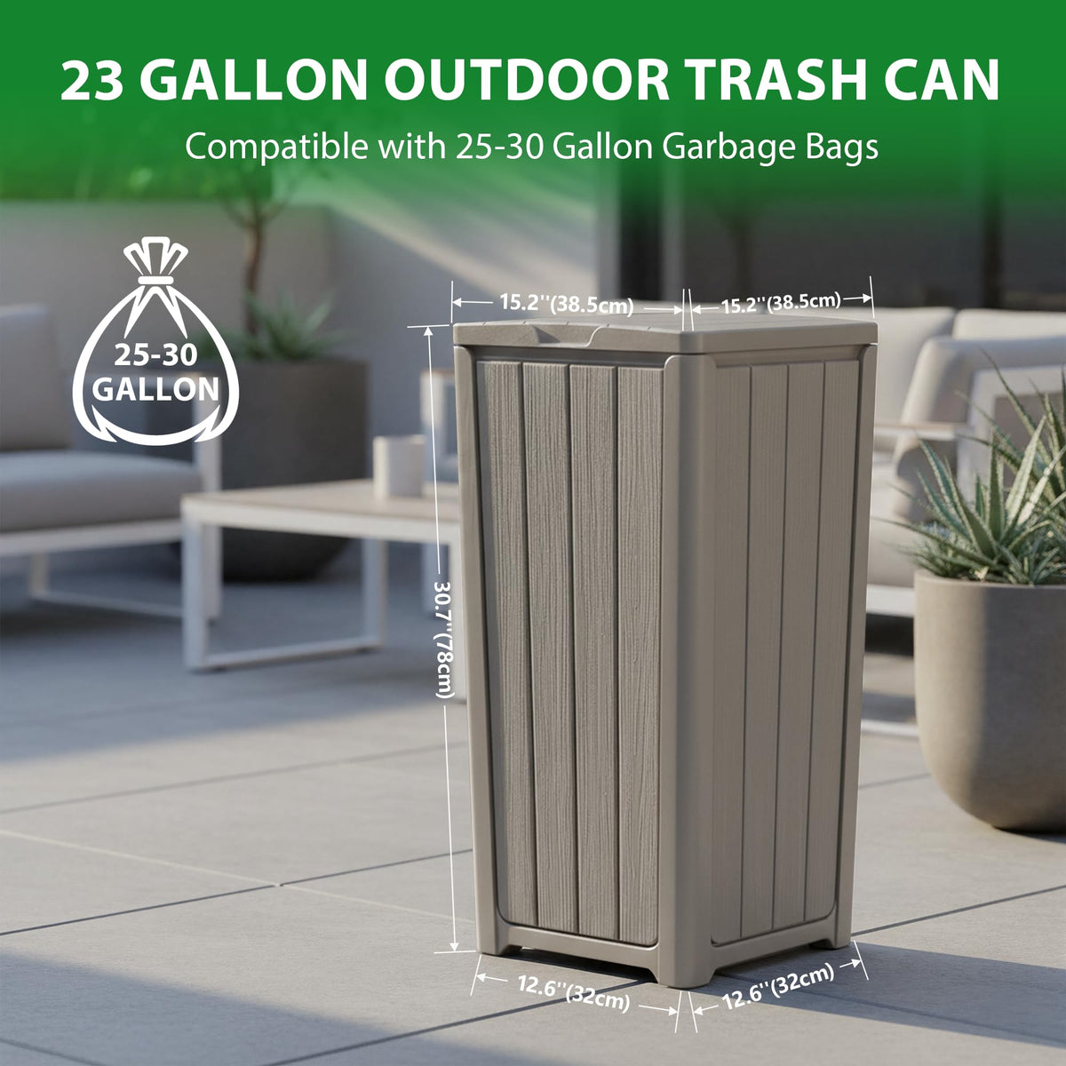 23 Gallon Outdoor Trash Can Waterproof Resin Garbage Can with Lid Outside Trash Bin for Porch Backyard, Deck, Patio