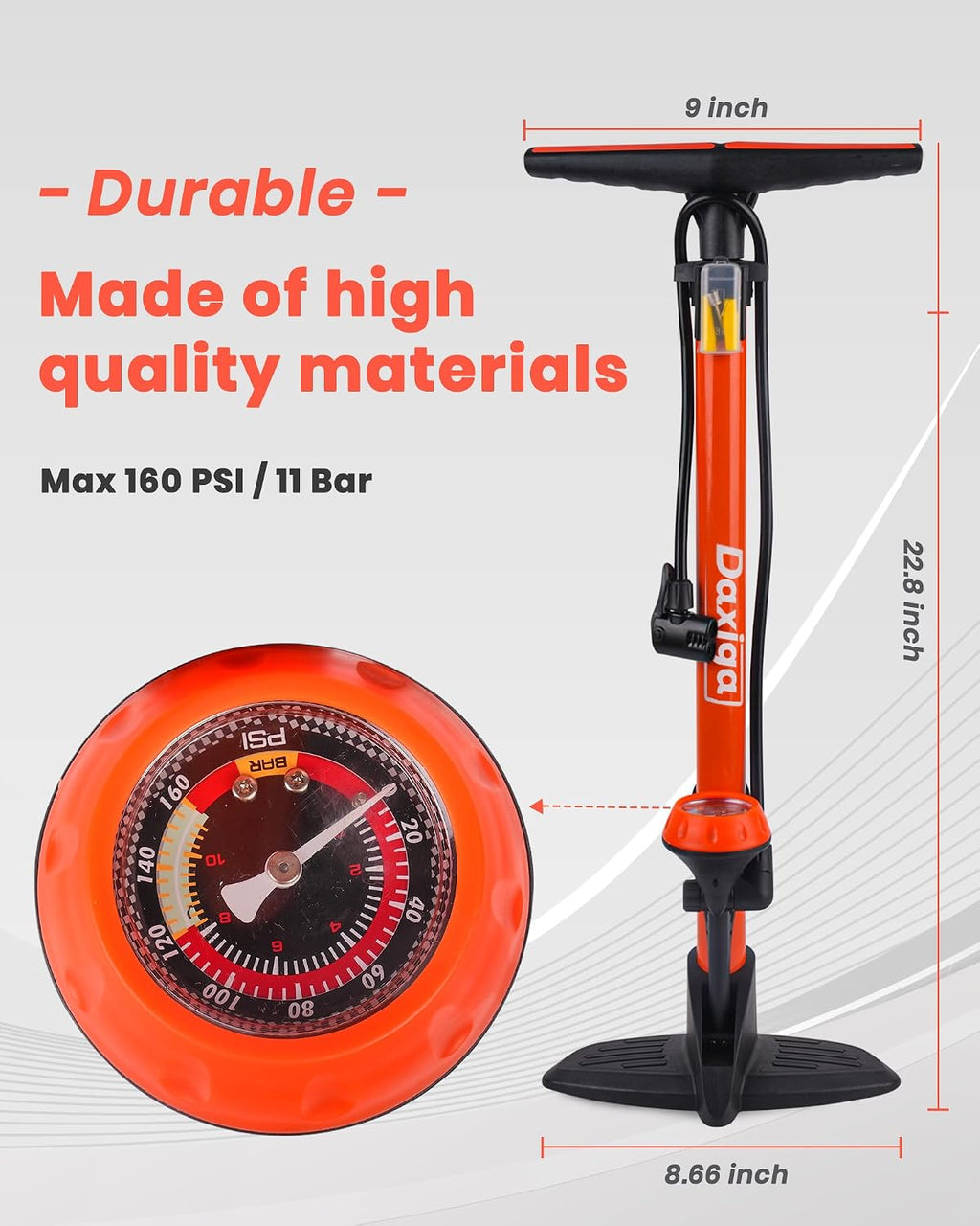 Bike Floor Pump with Gauge, 160 PSI High Pressure, Presta & Schrader Compatible Bicycle Pump for Road Bike, MTB &