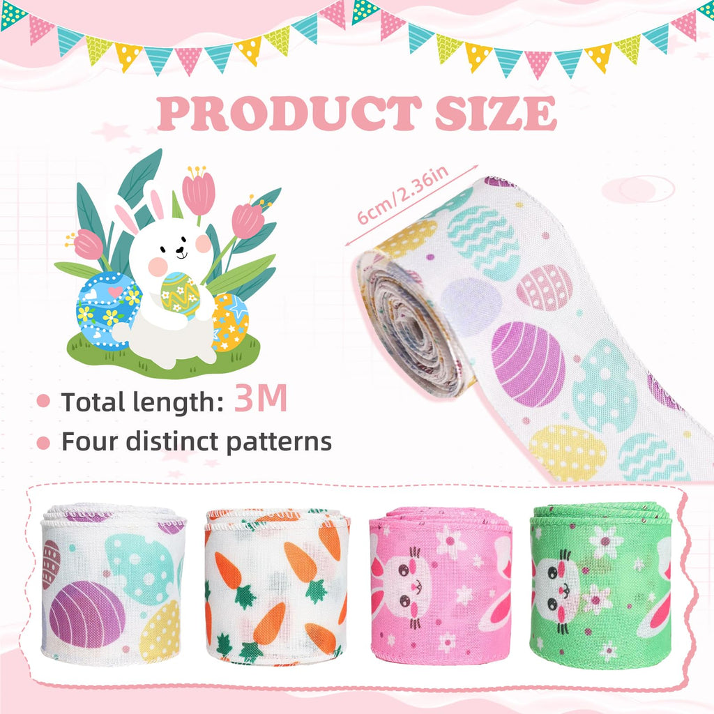 4 Rolls Easter Ribbon Wired,Easter Eggs, Carrots, Rabbits Ribbon,2.5 Inch 15 Yards Wrapping Fabric Spring Colorful