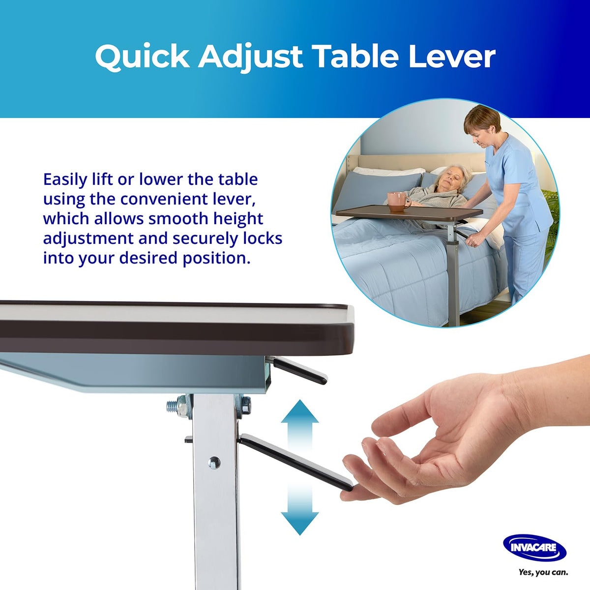 Bed Table, Height Adjustable & Tilting Overbed Table, Hospital Bedside Table, Medical Rolling Desk with Wheels