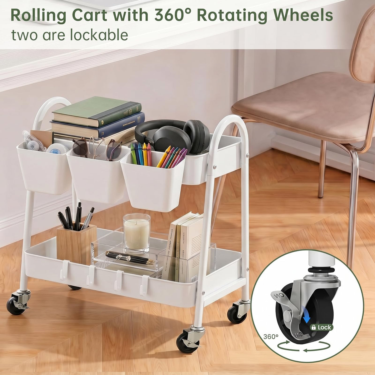 2-Tier Rolling Cart, White Utility Cart with Lockable Wheels