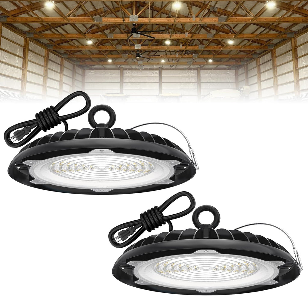 HYPERLITE High Bay LED Lights: 2-Pack 250W UFO LED Light with Plug & Play Plug - 5000K IP65 Waterproof Shatterproof Lighting Fixture