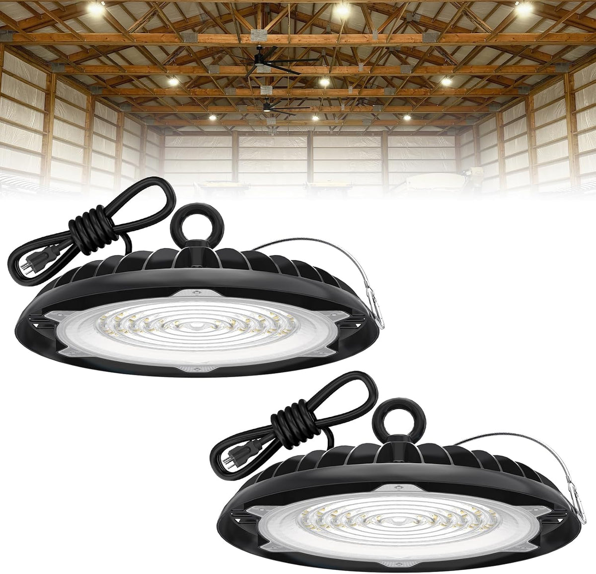 HYPERLITE High Bay LED Lights: 2-Pack 250W UFO LED Light with Plug & Play Plug - 5000K IP65 Waterproof Shatterproof Lighting Fixture