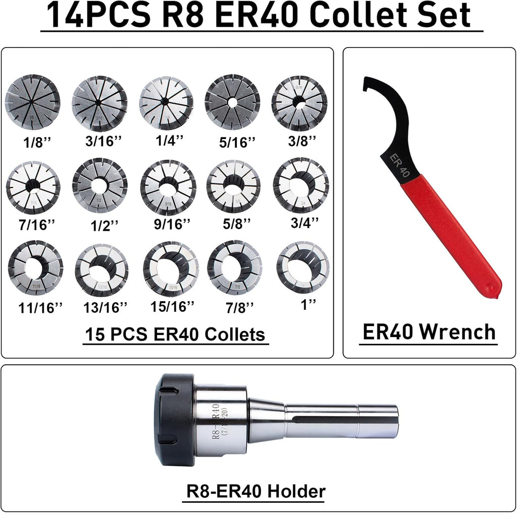 R8 ER40 Collet Holder Chuck Kit with 15 PCS ER40 Collets, R8 End Mill Collet Set