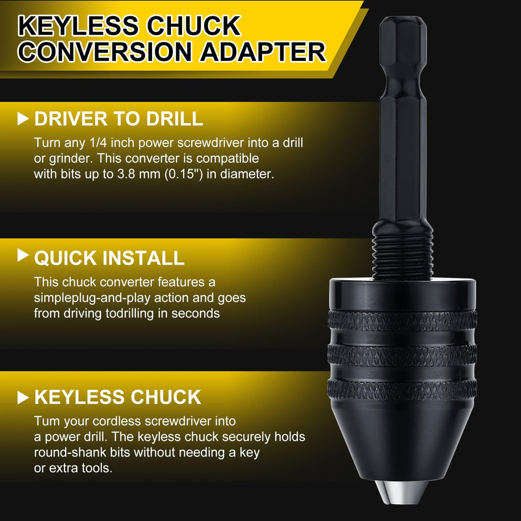 Valkynos 2Pcs Drill Chuck Adapter Keyless, 1/4 Inch Hex Shank Drill Bit Adapter Converter for Impact Driver, Quick Change Impact Drill Chuck Adapter in 0.6-8mm, 0.3-3.6mm for Tool Attachment