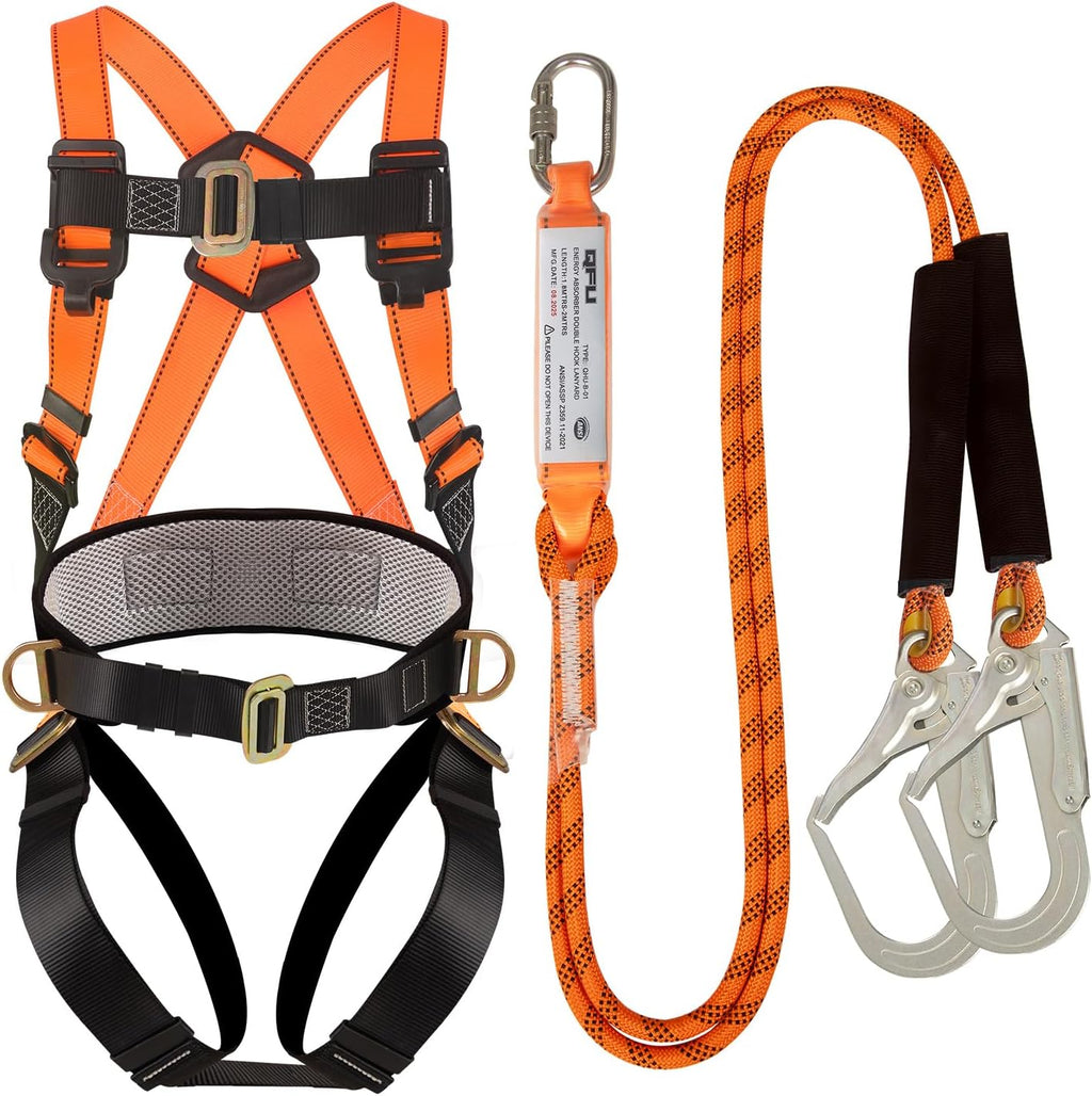 Safety harness fall protection kit, equipped with shock-absorbing ropes
