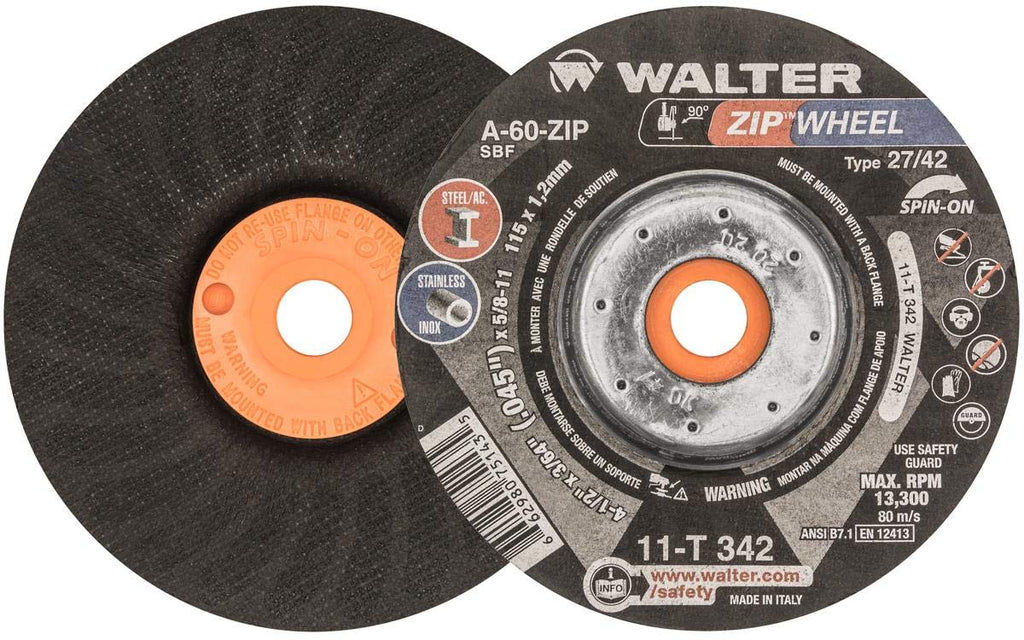 Walter Zip Wheel Cut-Off Wheel, Spin-On 4-1/2" X 3/64" X 5/8"-11, Pack of 25 (11T342)