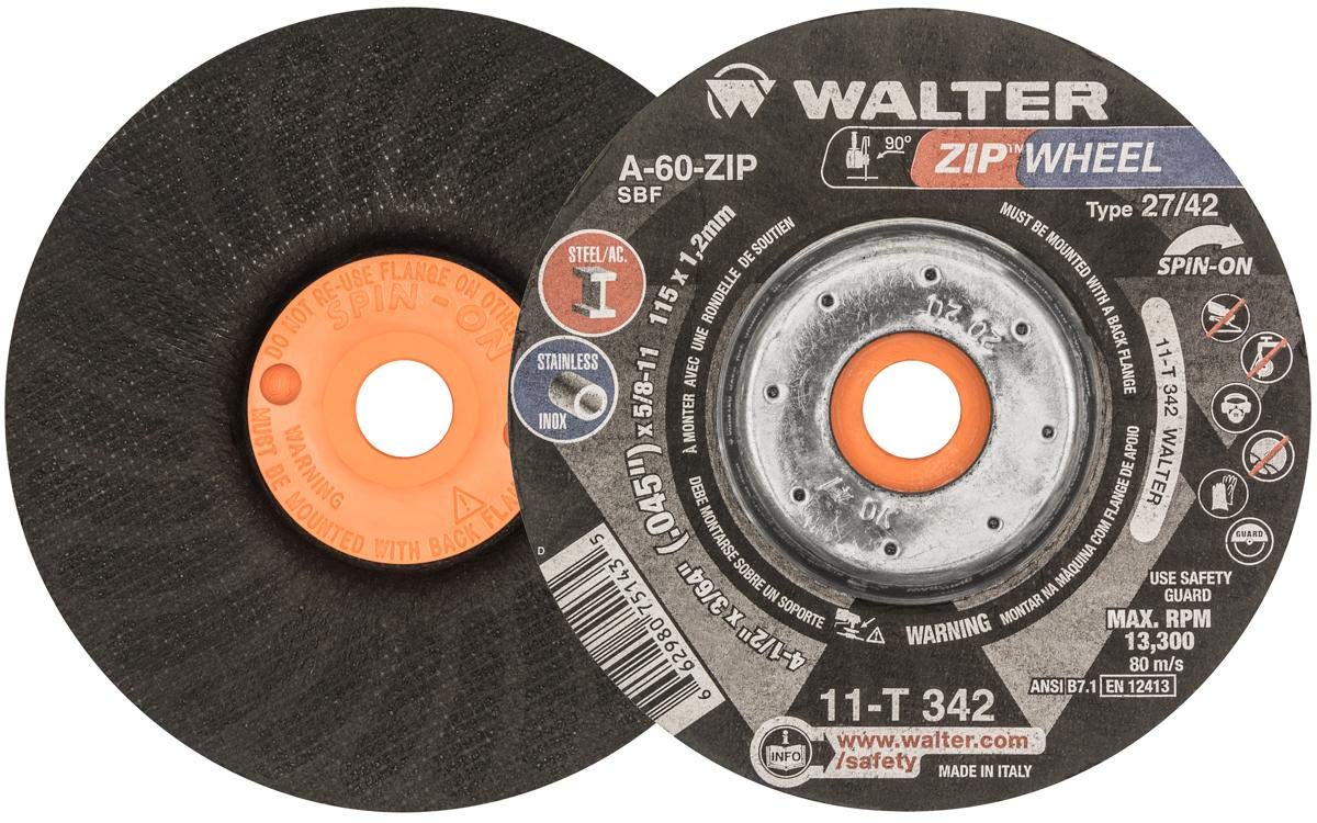 Walter Zip Wheel Cut-Off Wheel, Spin-On 4-1/2" X 3/64" X 5/8"-11, Pack of 25 (11T342)