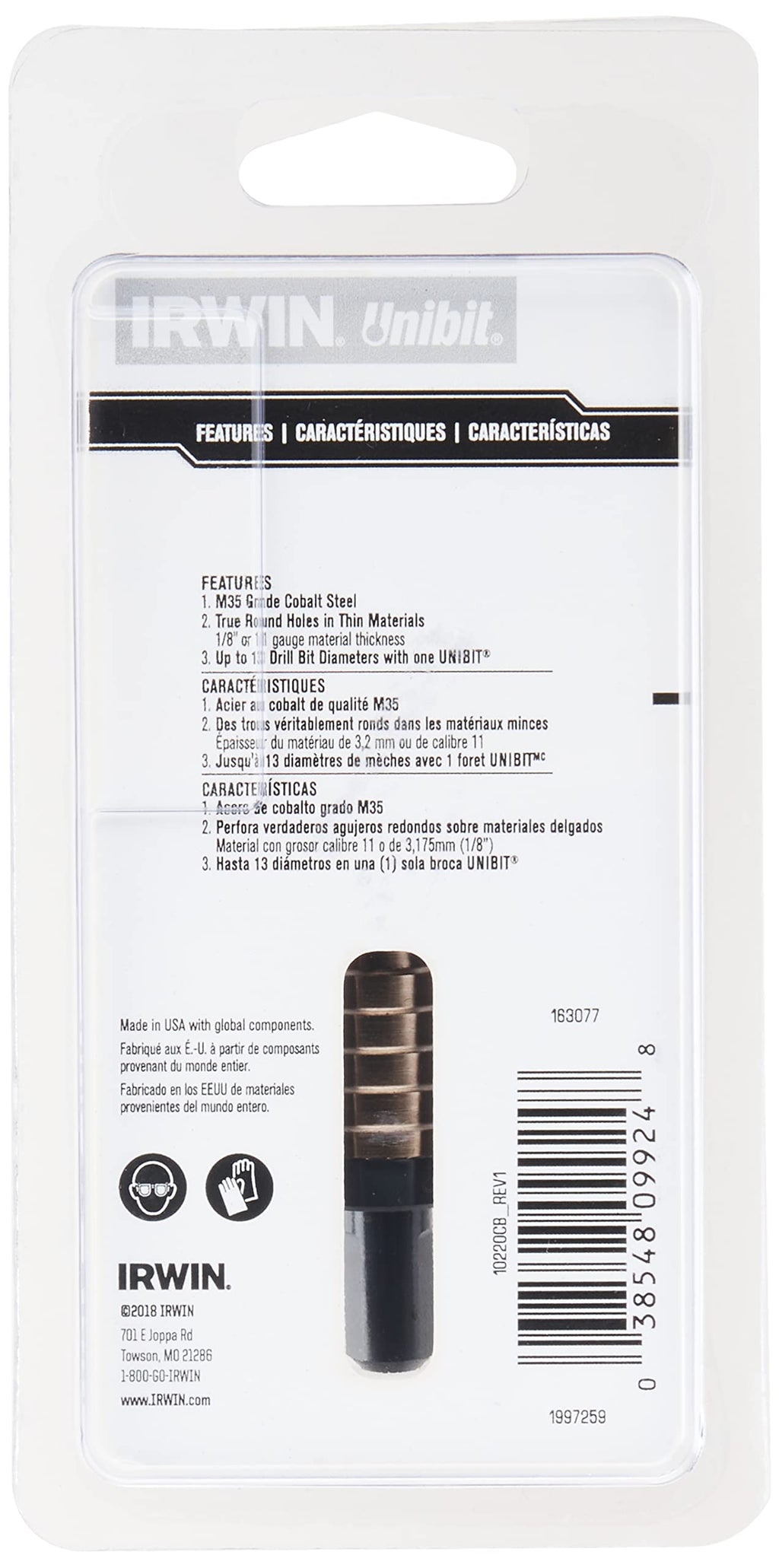 Irwin Tools IRWIN 10220CB Unibit 1/16-Inch Hole Enlarging 8-Steps Cobalt Alloy Steel Step Drill Bit