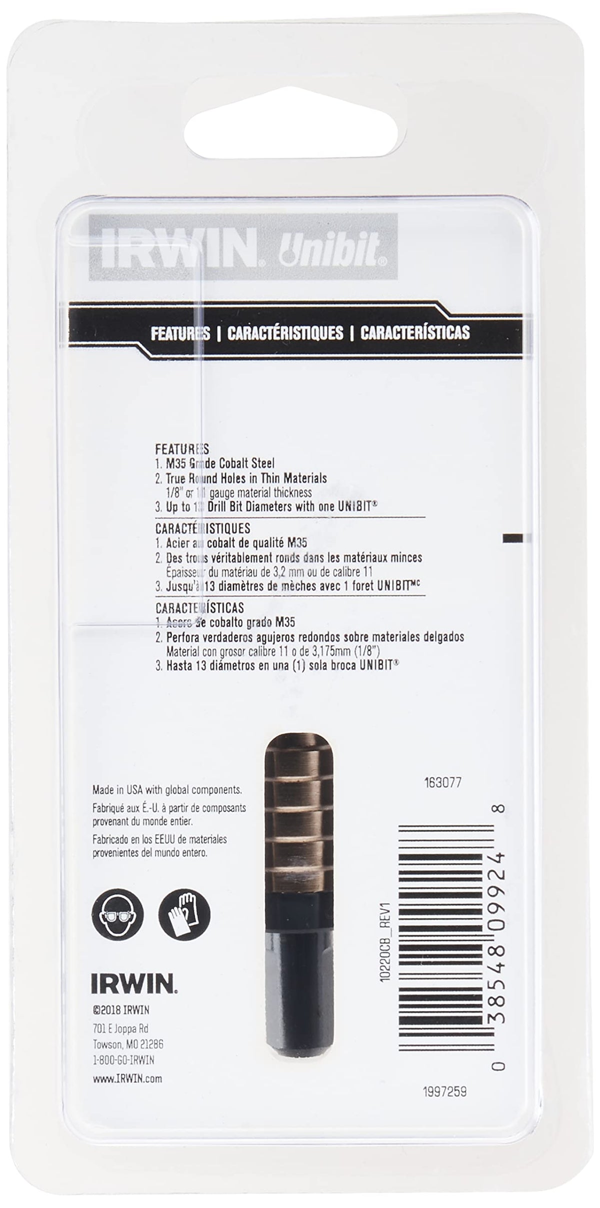 Irwin Tools IRWIN 10220CB Unibit 1/16-Inch Hole Enlarging 8-Steps Cobalt Alloy Steel Step Drill Bit