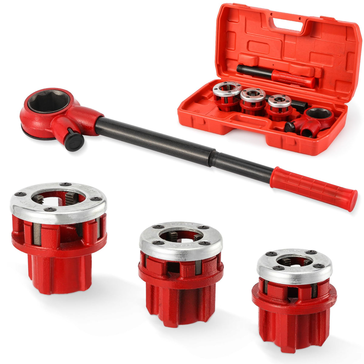 Pipe Threader Ratchet Kit， Manual Ratcheting Pipe Threading Tool Set with 3 NPT Dies 1/2" NPT, 3/4" NPT, 1" NPT,Portable Cast Iron Pipe Threading Set for Galvanized Aluminum Iron Copper PVC Pipes