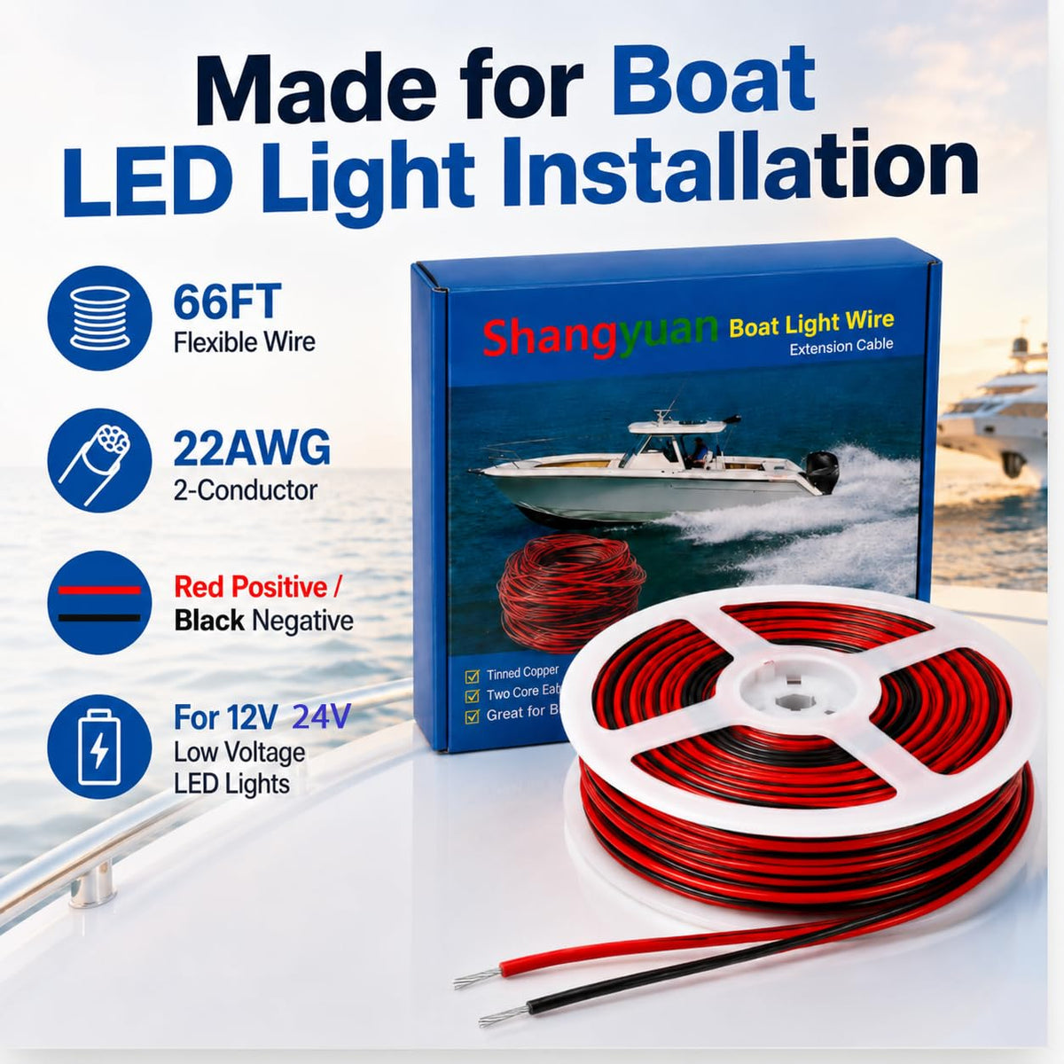 Shangyuan Boat Light Extension Cable Wire Cord for 3528 5050 5630 Led Strip Light Single Color, 66ft 22awg 2pin Wires for Pontoon Boat Kayak Stern Anchor Mast Courtesy Navigation Bow Marine Lights