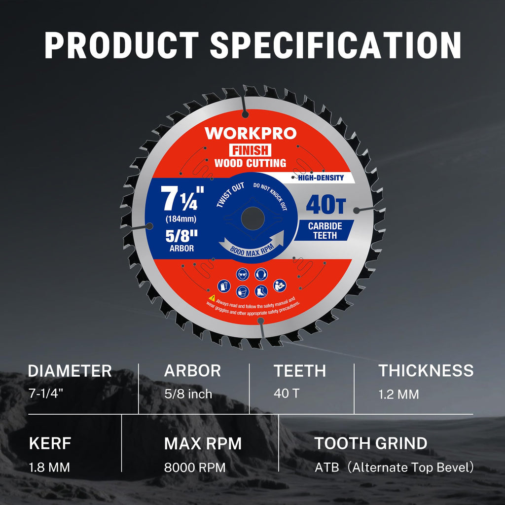 WORKPRO 7-1/4" Circular Saw Blade, 40T General Wood Cutting