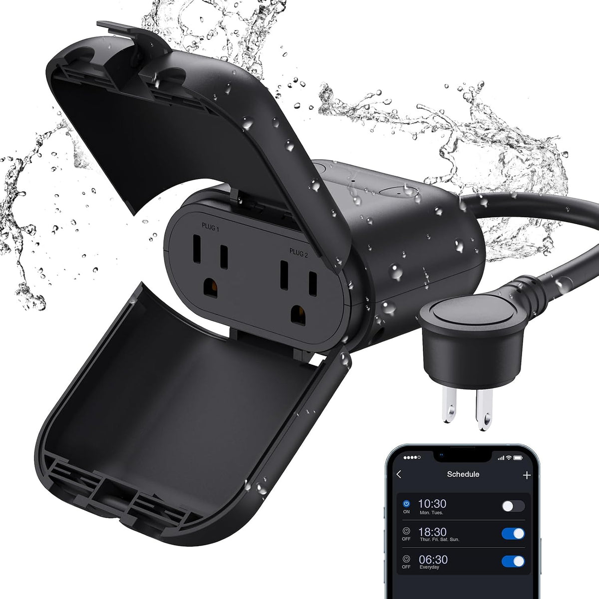 PQR20 Outdoor Smart Plug Waterproof IP66, WiFi Plug with 2 Individually Sockets, Compatible with Alexa & Google