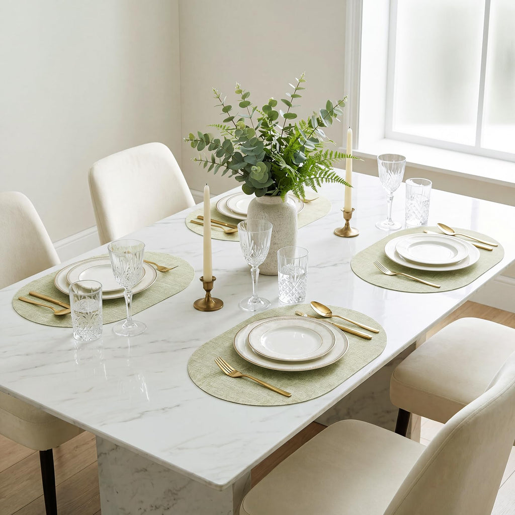 Faux Leather Oval Placemats Set of 6, Sage Green