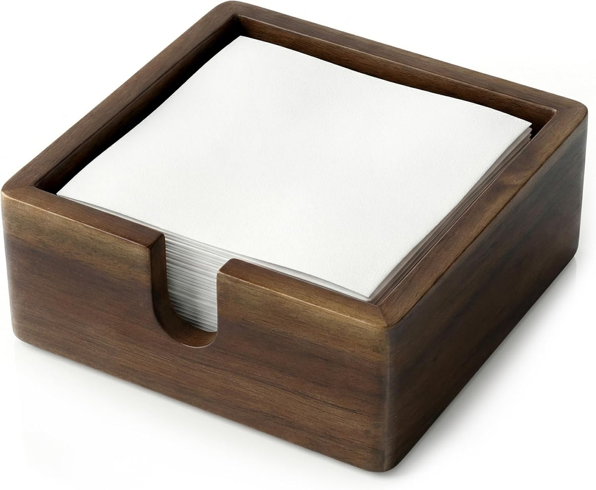 Acacia Wood Cocktail Napkin Holder 5.4 in, Square Bar Napkin Tray