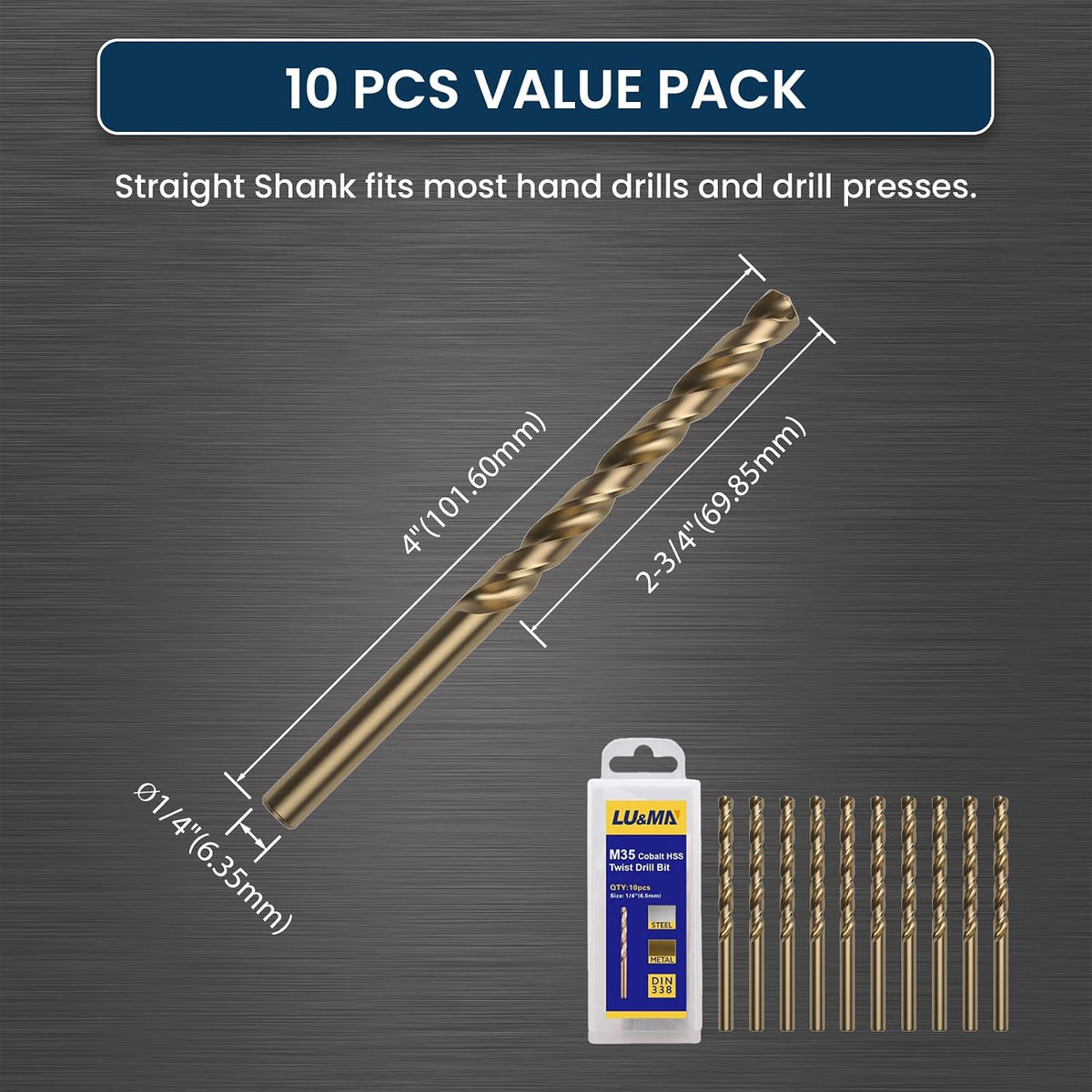 LU&MN M35 Jobber Drill Bits, 1/4", 10 Pcs