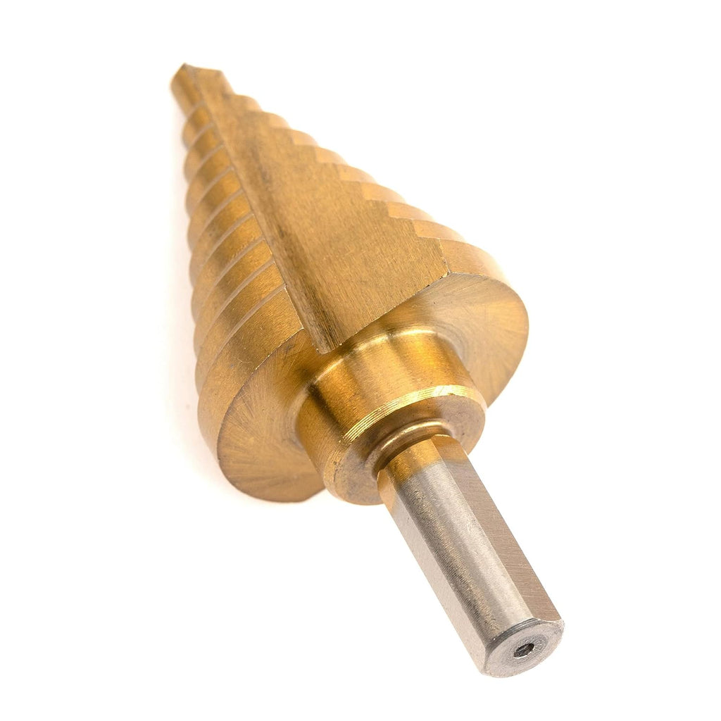 NEIKO 10194A Step Drill Bit, 10 Steps 1/4” to 1 3/8” Straight High Speed Steel, Titanium Nitride Coated, 3/8” Tri Flat Step Bits for Steel, Metal, Wood, Plastic, Unibit Cone Drill Bits, Two Flute