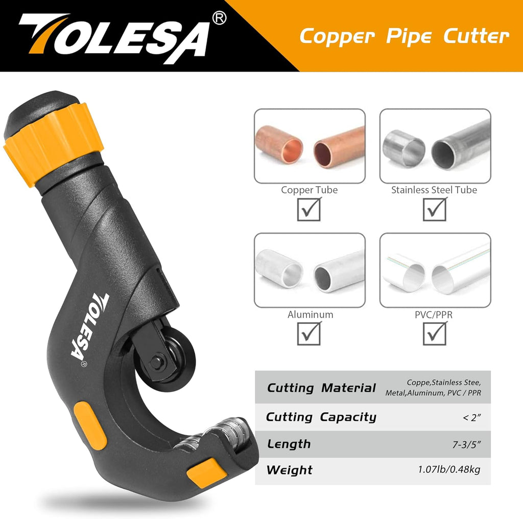Pipe Cutter Heavy Duty 3/16''-2'' OD with Deburring Reaming Tool | SKD Cutter Wheels, 6 Ball Bearing Rollers, Precise