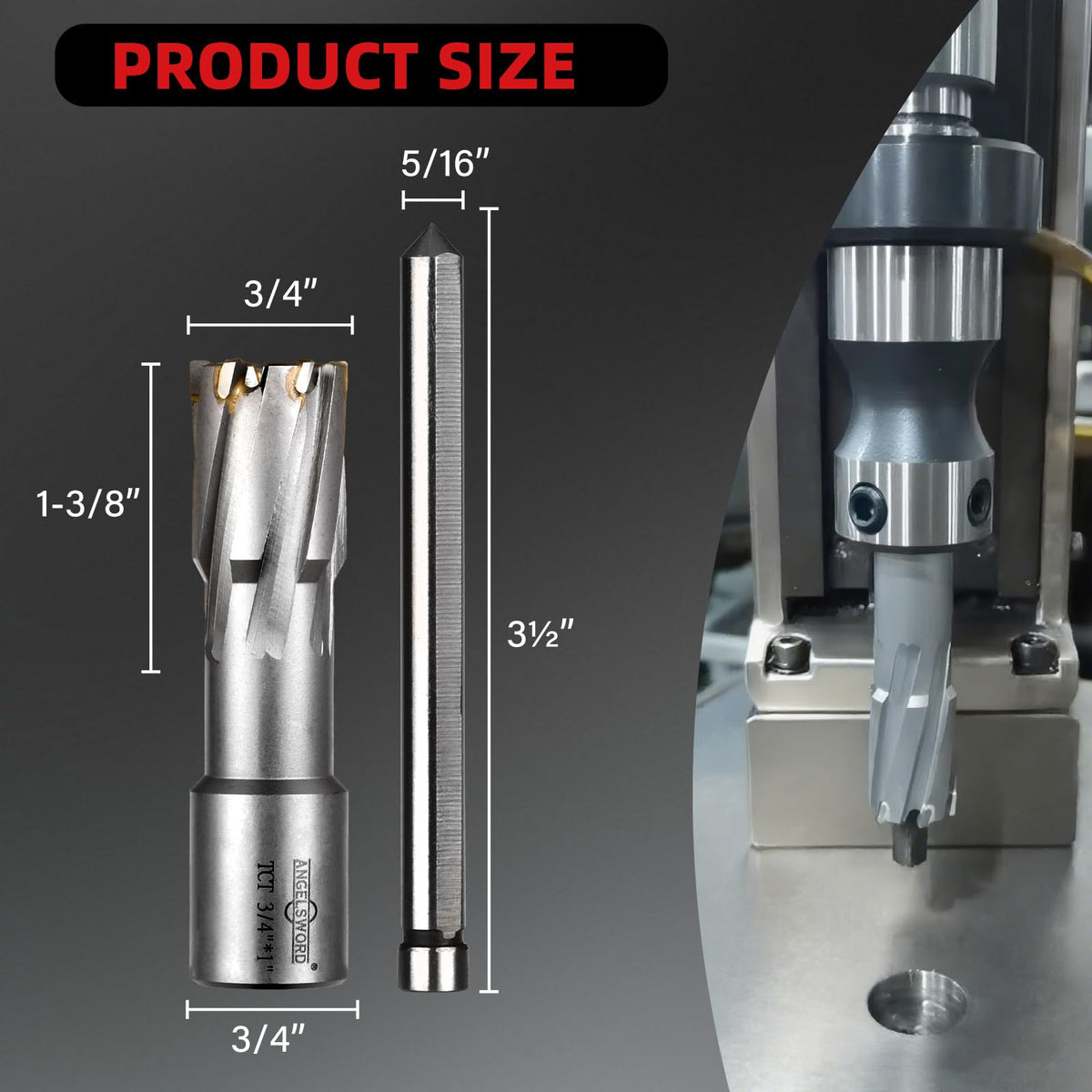 ANGELSWORD TCT Annular Cutter Diameter 3/4", Cutting Depth 1-3/8" Tungsten Carbide Tipped, Mag Drill Bits Kit for Magnetic Drill Press, with One 5/16"*3.5" Pilot Pin