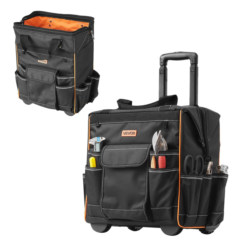 15" Rolling Tool Bag, 110 lbs Load Capacity, 25 Pockets Heavy Duty Roller Tool Bag on Wheels, Adjustable Telescoping